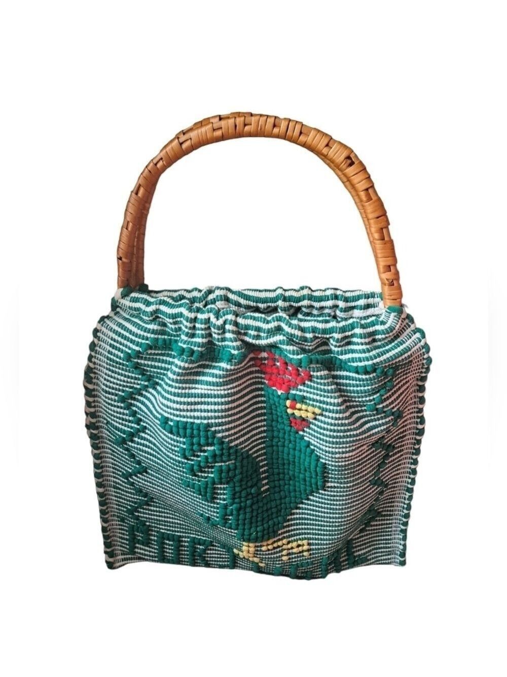 PORTUGAL knit woven EMBROIDERD ROOSTER bag  wrapped wood handles knitting CRAFTS - Picture 4 of 5